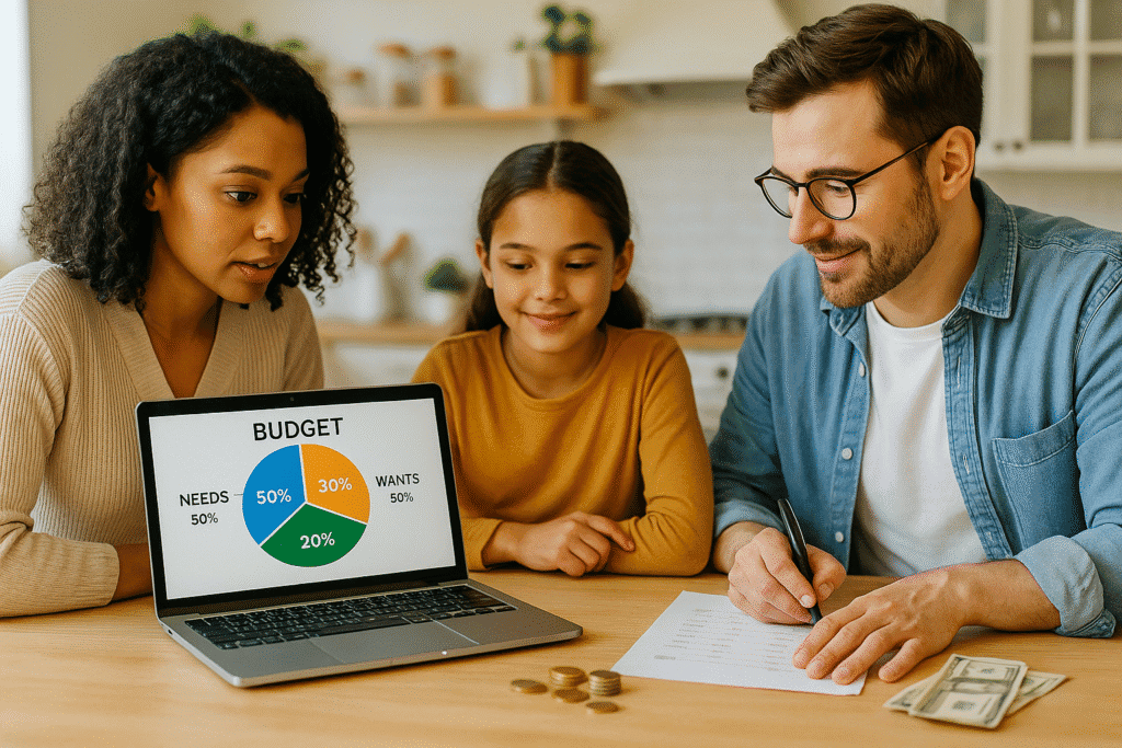 ALT text sugerido: “Family planning budget with 50‑30‑20 pie chart on laptop”