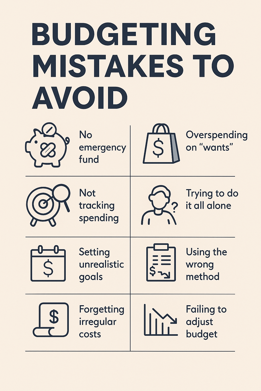 
ALT: Infographic showing common budgeting mistakes icons