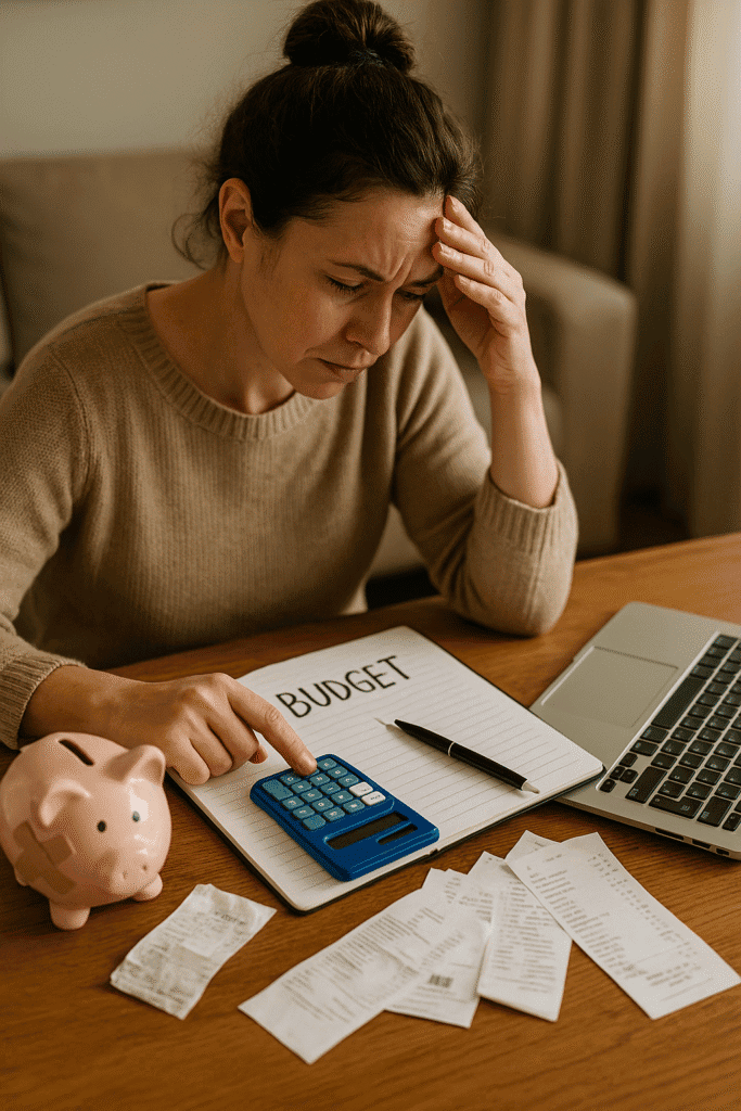 ALT: Person correcting budget mistakes with planner and envelopes