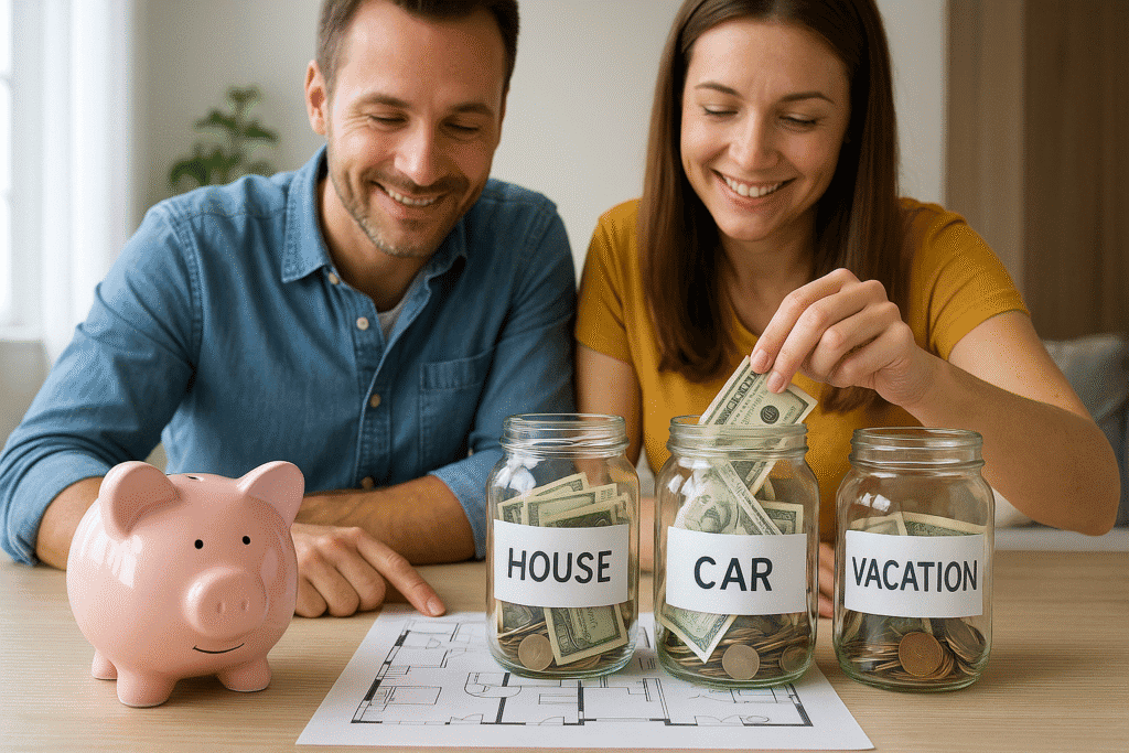 ALT: Couple saving for house, car and vacation with labeled jars