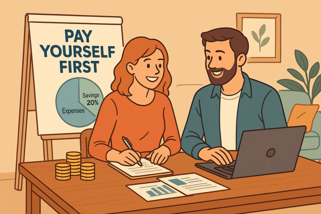 ALT: “Pay yourself first infographic showing 80/20 split and savings goals”