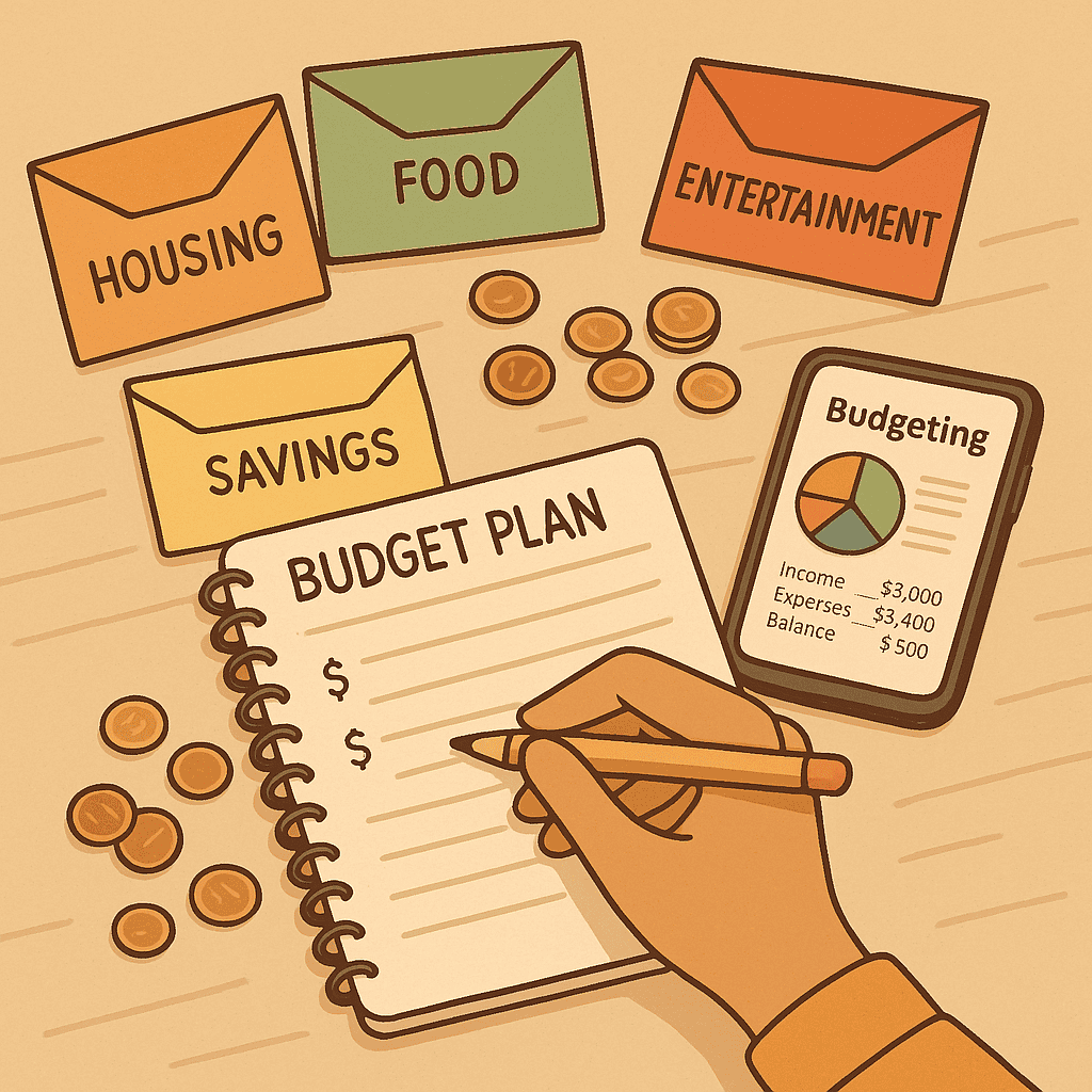 Alt text: Budget planner writing envelopes and using app